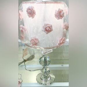 Karma Home Small Crystal Diamond Edged table top lamp W/Floral Lamp Shade New